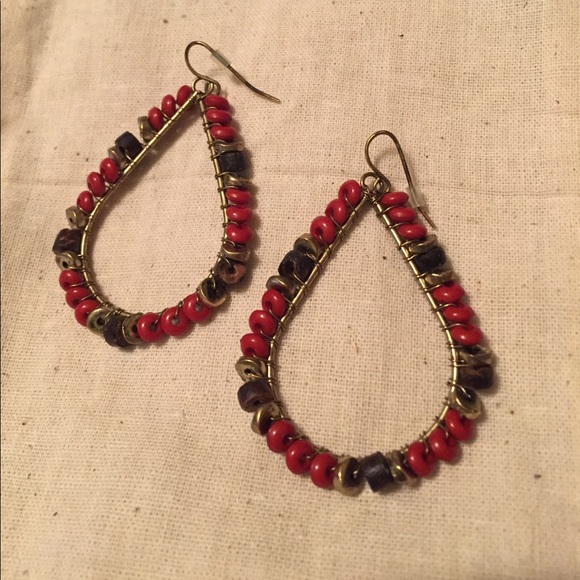 Teardrop Dangle Orange and Brown Beaded Earrings - Picture 2 of 3